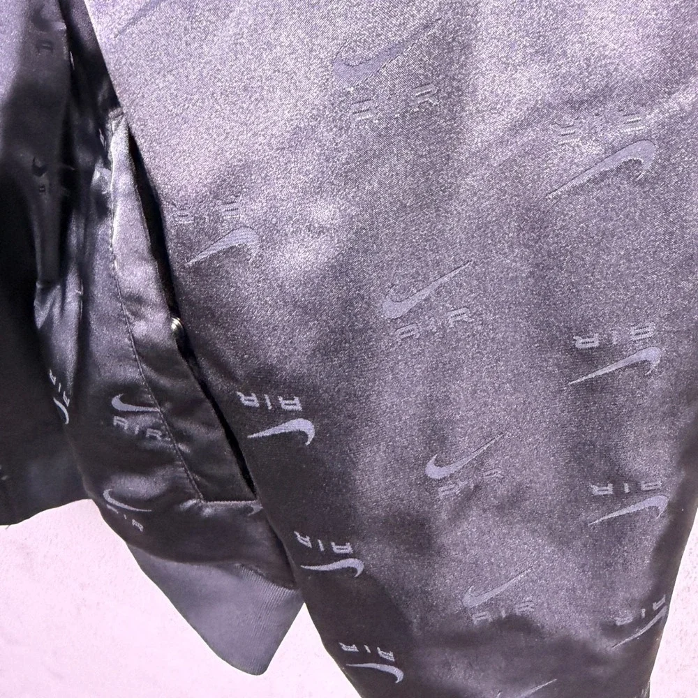 Nike‎ Air Womens Bomber Jacket XL Allover Swoosh Logo Satin Coat Excellent